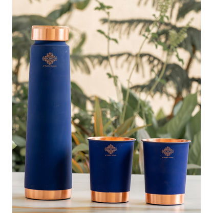 Pure Copper Bottle And Glass Set With Silk Finish Pyramid Design