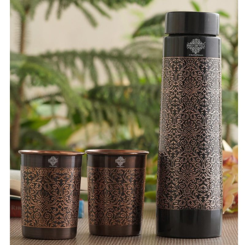 Antique Finished Embossed Design Drinkware Gift Set of Copper Pyramid Shape Bottle & Copper Glass