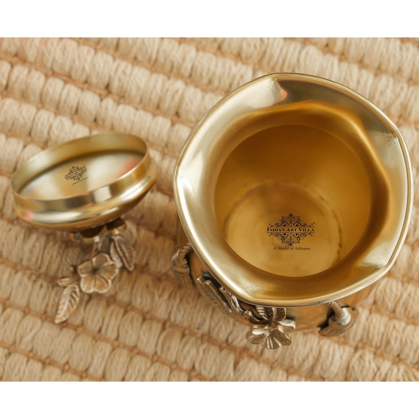 Brass Decorative Handi with Tie Design on Neck and Flower Design Lid