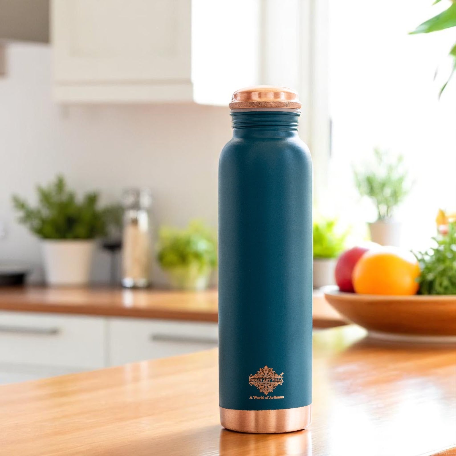 Copper Bottle with Silk Finish Lacquer Coating – Teal Blue Color, 900 ML