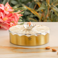 Silver-Plated Brass Decorative Multi-Purpose Gift Box, Lotus Flower Design, Elegant Silver & Gold Finish Storage Box for Dry Fruits