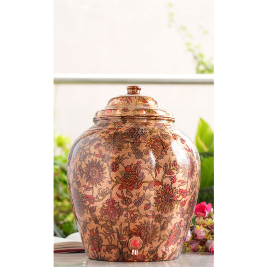 Pure Copper Water Pot | Dispenser | Matka with Printed Flower & Leaf Design, 13 Ltr.