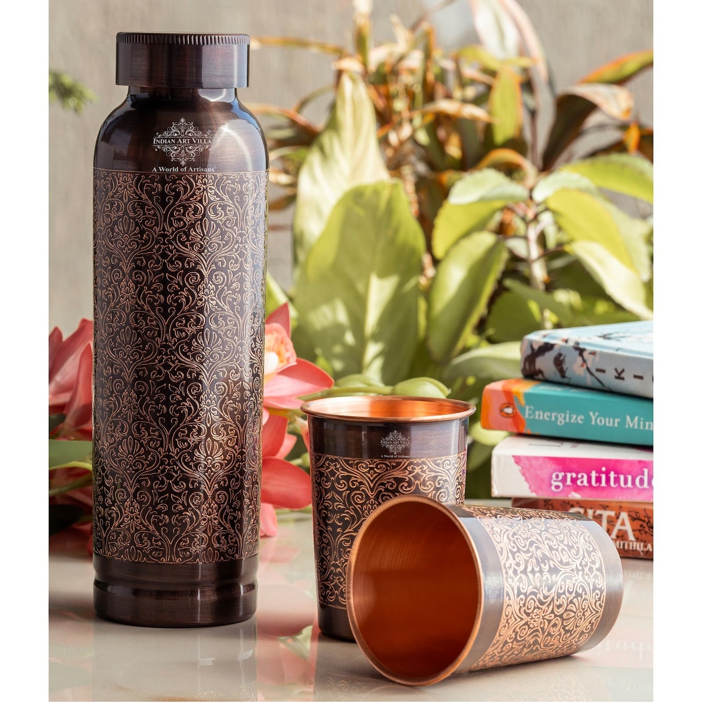 Antique Embossed Copper Bottle Gift Set – Includes 1 Designer Copper Bottle & 2 Matching Glasses | Ideal for Daily Use, Ayurvedic Health Benefits, Office Desk, Home Décor & Festive Gifting-1450 ML