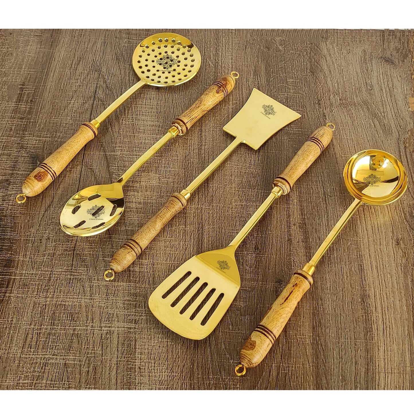 Handmade Pure Brass Set of 5 Serving And Cooking Spoon for Home, Hotel, Resturant