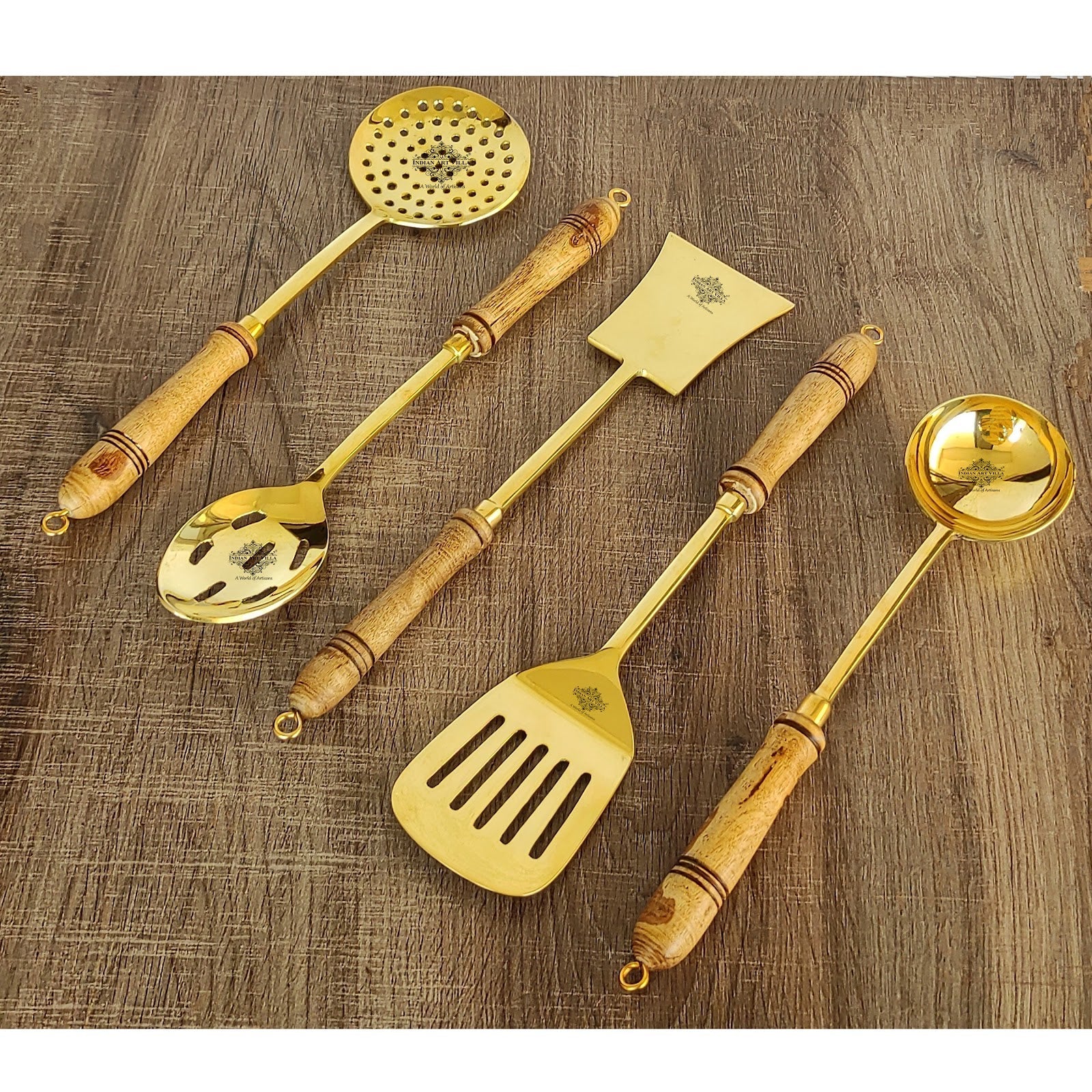 Handmade Pure Brass Set of 5 Serving And Cooking Spoon for Home, Hotel, Resturant