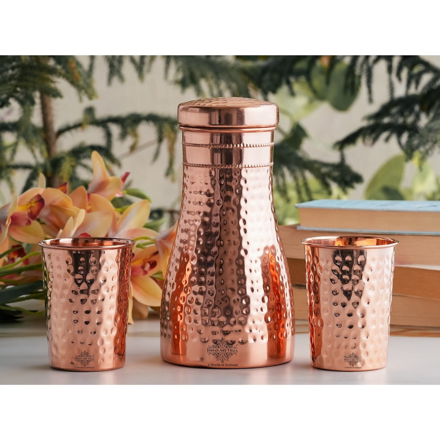 Pure Copper Drinkware Gift Set – Hammered Design, Water Bottle (900 ML) & 2 Glasses (275 ML) Set