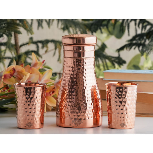 Pure Copper Drinkware Gift Set – Hammered Design, Water Bottle (900 ML) & 2 Glasses (275 ML) Set