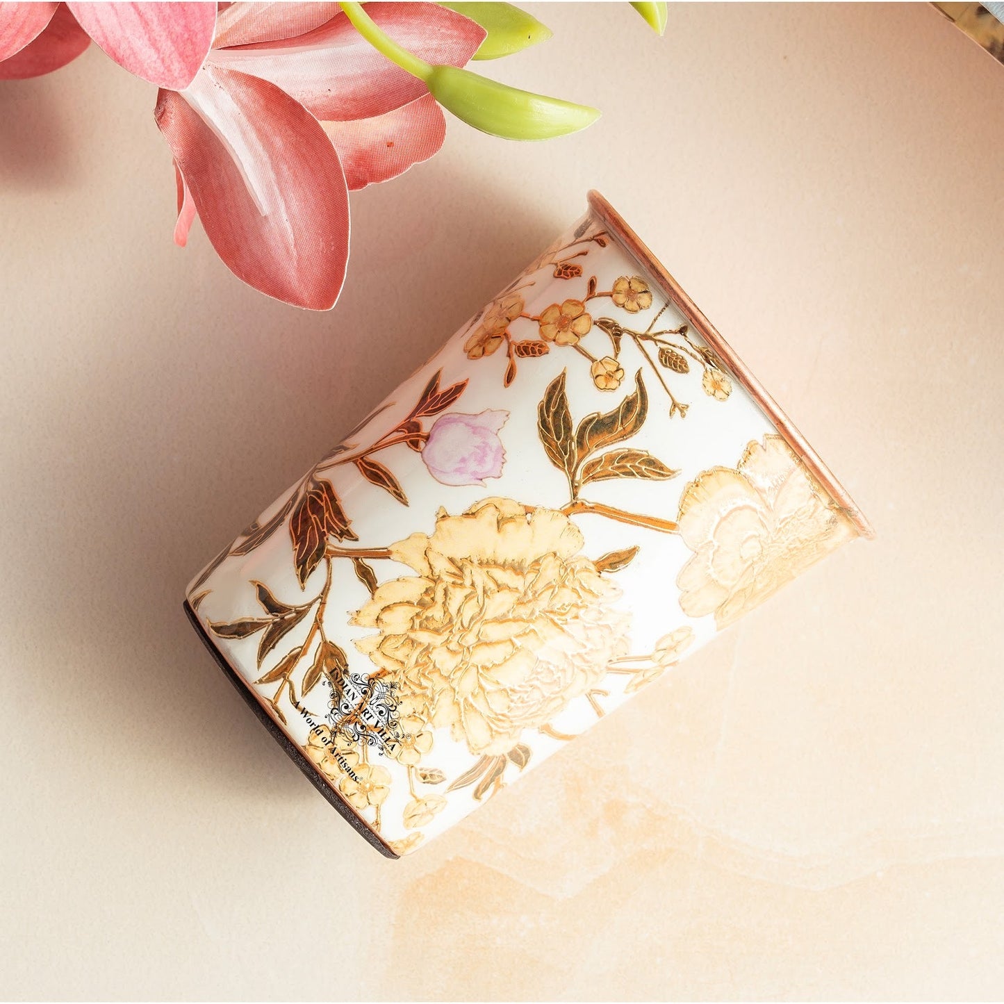 Pure Copper Gold Flower Print Glass – 275 ML