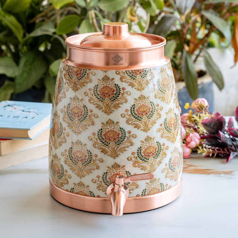 Copper Water Pot With Decorative Floral Kalakriti Print & Brass Tap- 7100 ML