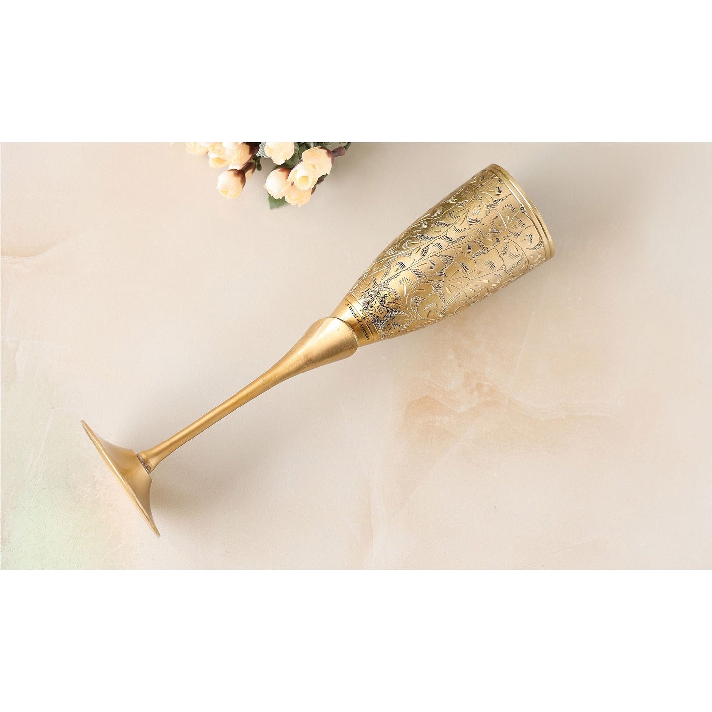 Handcrafted Pure Brass Embossed Design Flute Champagne Glass, Barware, Drinkware, Volume- 170 ML