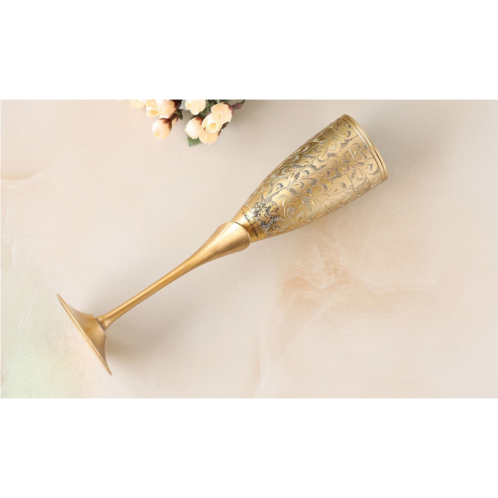 Handcrafted Pure Brass Embossed Design Flute Champagne Glass, Barware, Drinkware, Volume- 170 ML