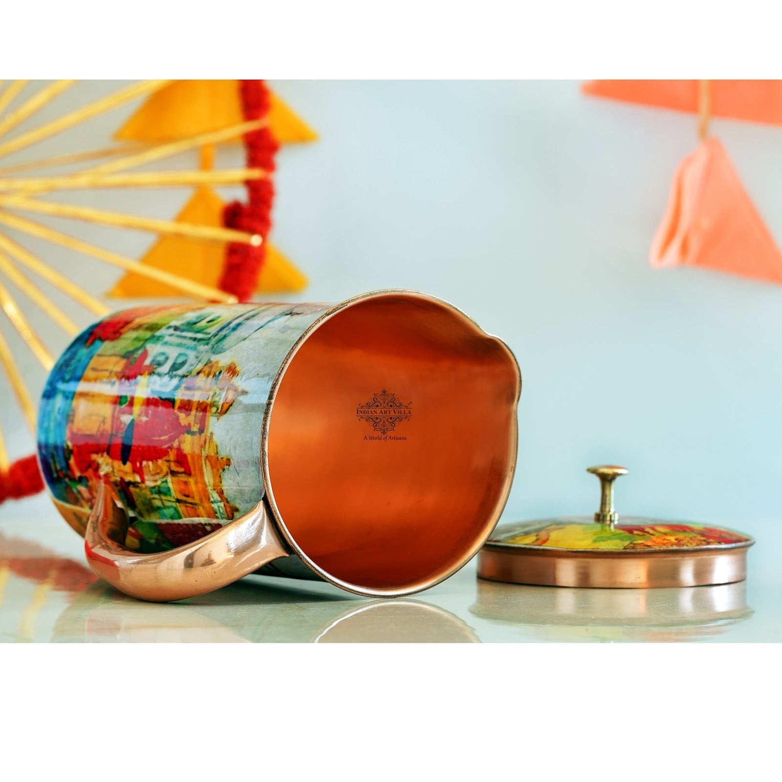 Pure Copper Printed Jug - Padharo Mhare Desh Design