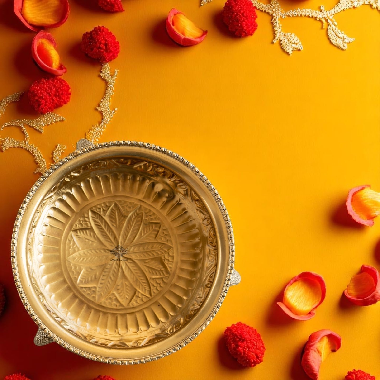 Brass Urli with Elephant Trunk and Embossed Design