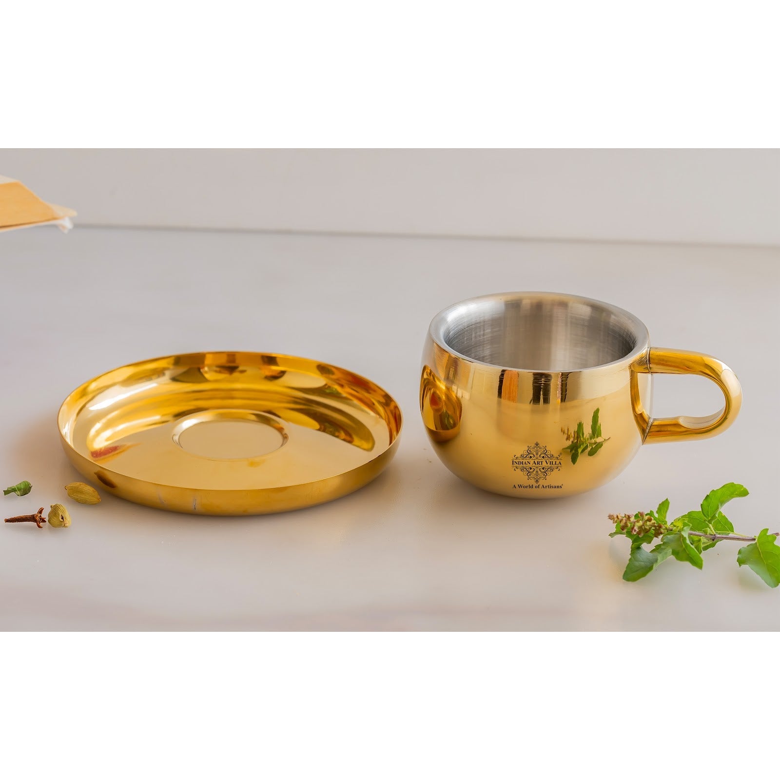 Stainless Steel Brass Gold Finish Insulated Cup With Plate