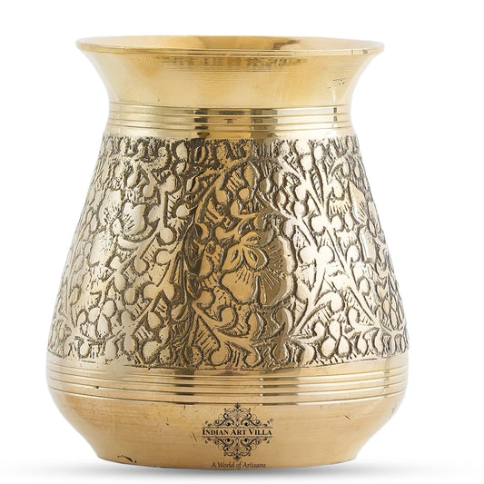 Pure Brass Glass Parsi Lota Embossed Design, Spiritual Item