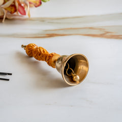 Bronze Pooja Bell with Carved Wooden Handle, Non-Lacquered