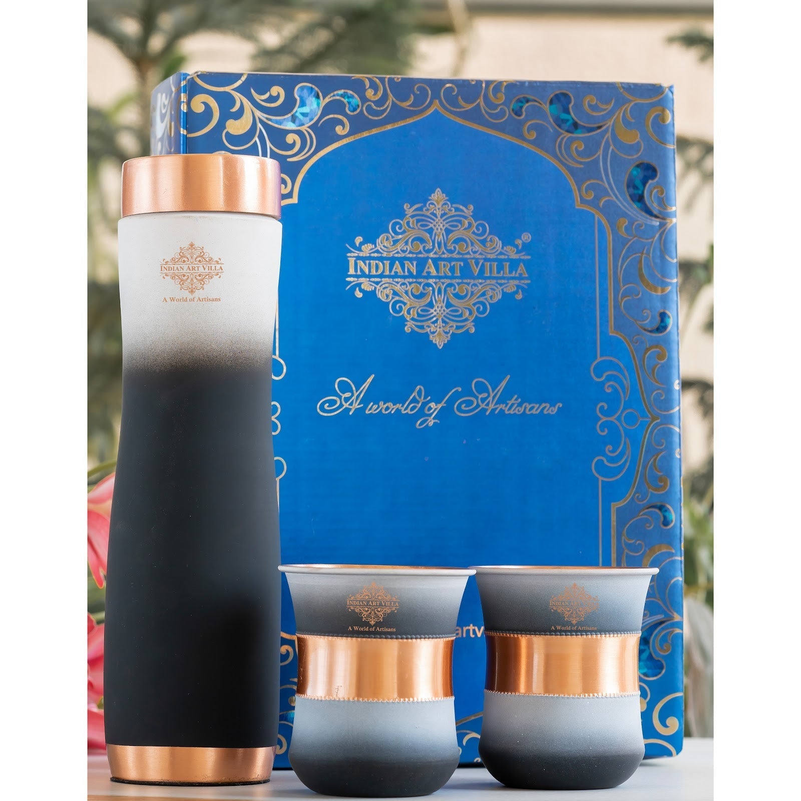 Matt Ombre Copper Bottle and Glass Set with Royal Look  Bottle-900 Ml, Glass-275Ml