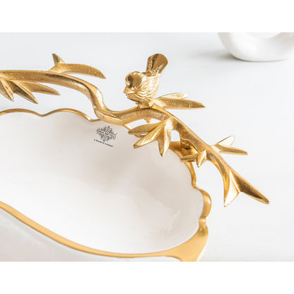 Brass Finish Decorative Serving Platter with Bird Design, Serveware for Home Décor, Gifting, and Special Occasions