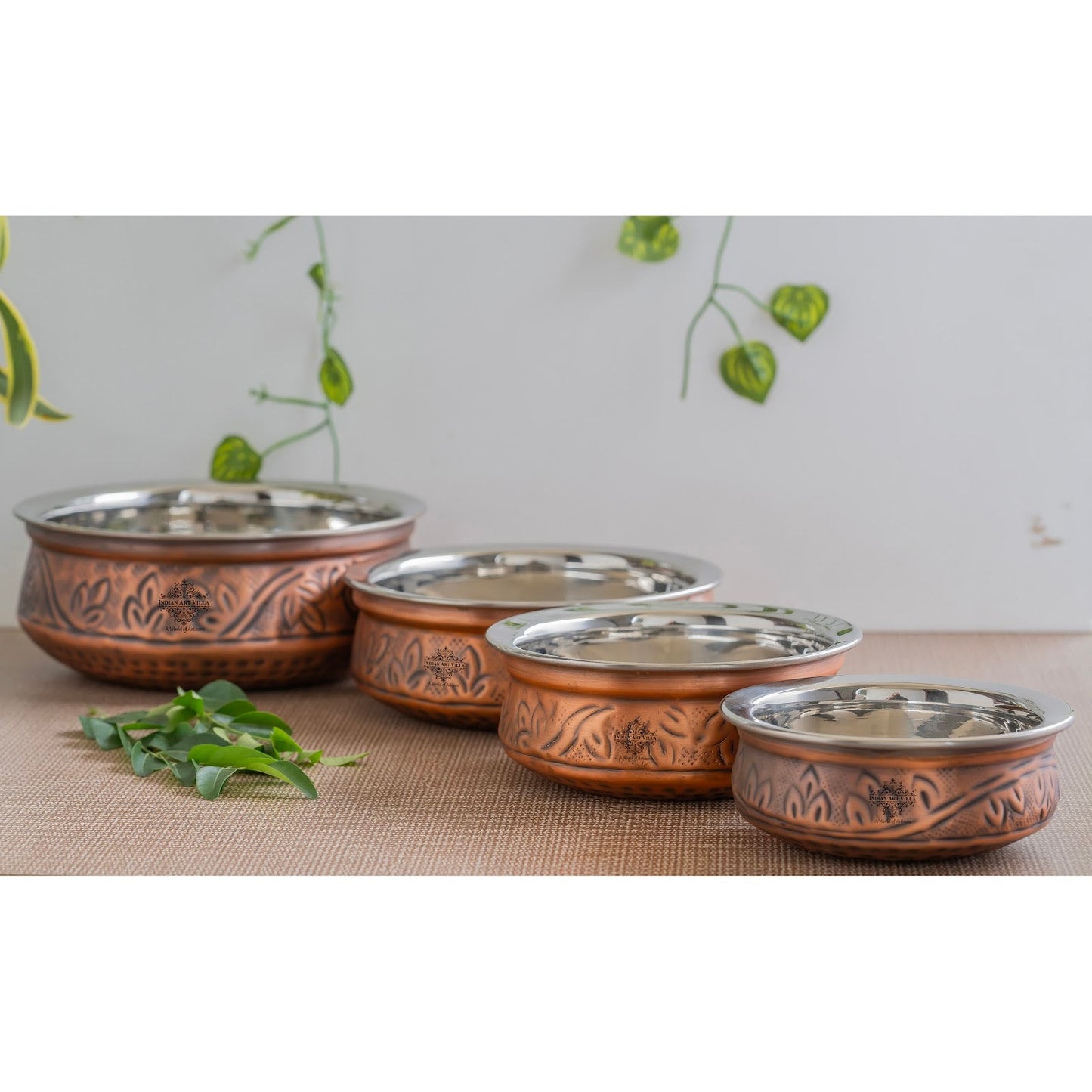Indian Art Villa, Pure  Steel Copper Embossed Design Serving Handi/Bowl/Casserole, Ideal for Home & Restaurant Tableware and Serveware