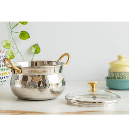 Steel Handi Hammered Design Bowl with Glass Lid Brass Knob &  Handles   – 950 ML,  Tableware & Serveware