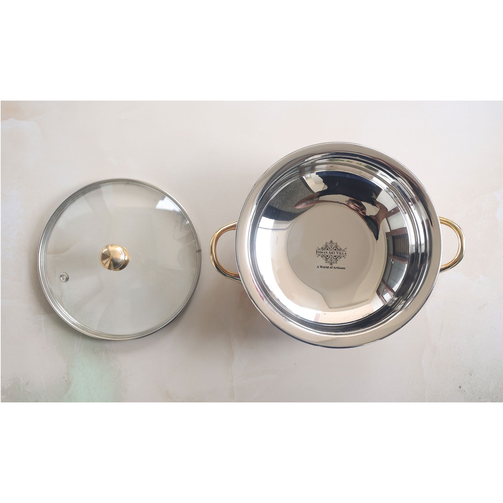 Handmade Steel Copper Hammer Mughlai Handi with Brass Handle, Bottom and lid- 23.37 cm Width, No.4