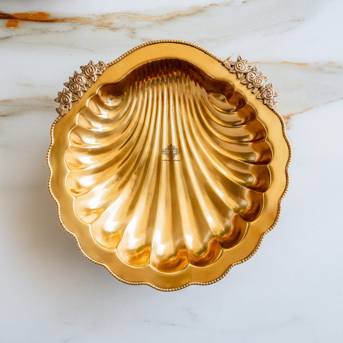 Pure Brass Decorative Platter with Scalloped Edge & Ornate Design - 33.78 cm