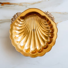 Pure Brass Decorative Platter with Scalloped Edge & Ornate Design - 33.78 cm