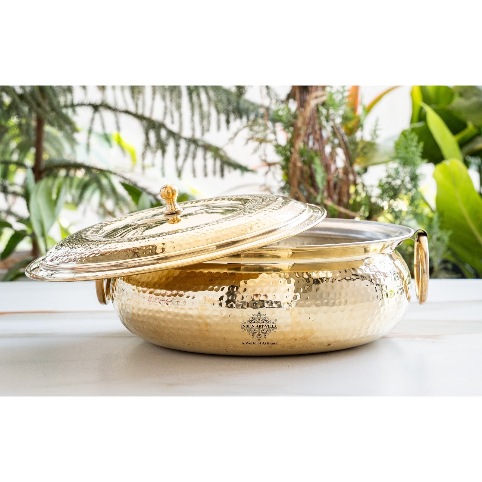 Brass Degchi With Hammered Design, Handle & Inside Tin Lining