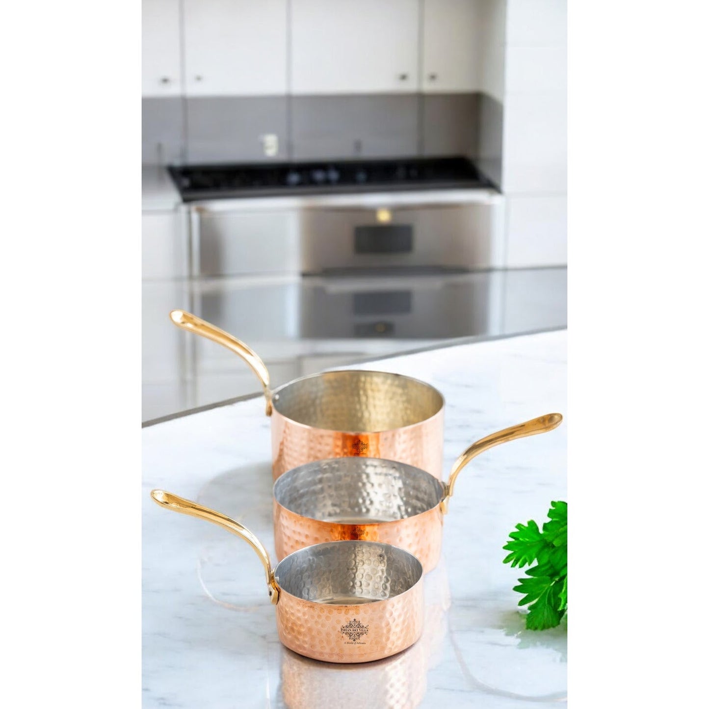 Pure Copper Hammered Tin Lining Round Sauce Pan Brass Stand