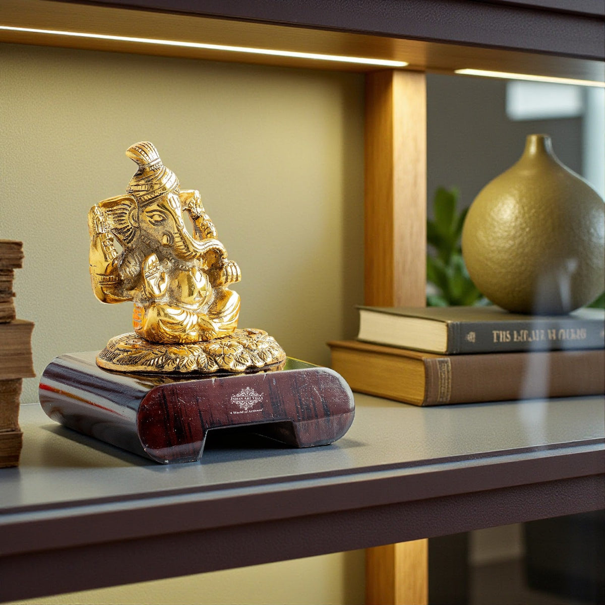 Brass Finish Ganesh Ji Murti with Wooden Base