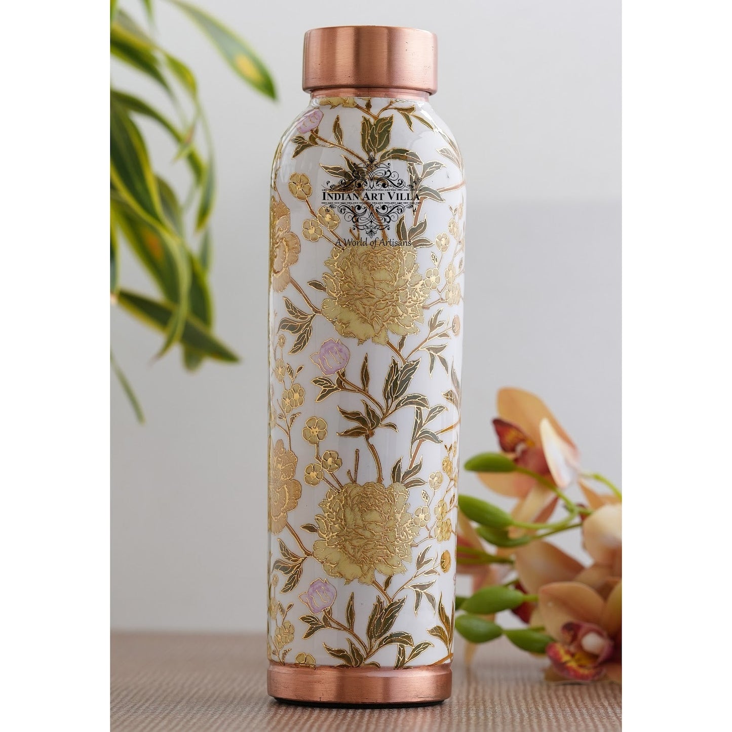Pure Copper Water Bottle with Different Gold Print Designs, 900 ML