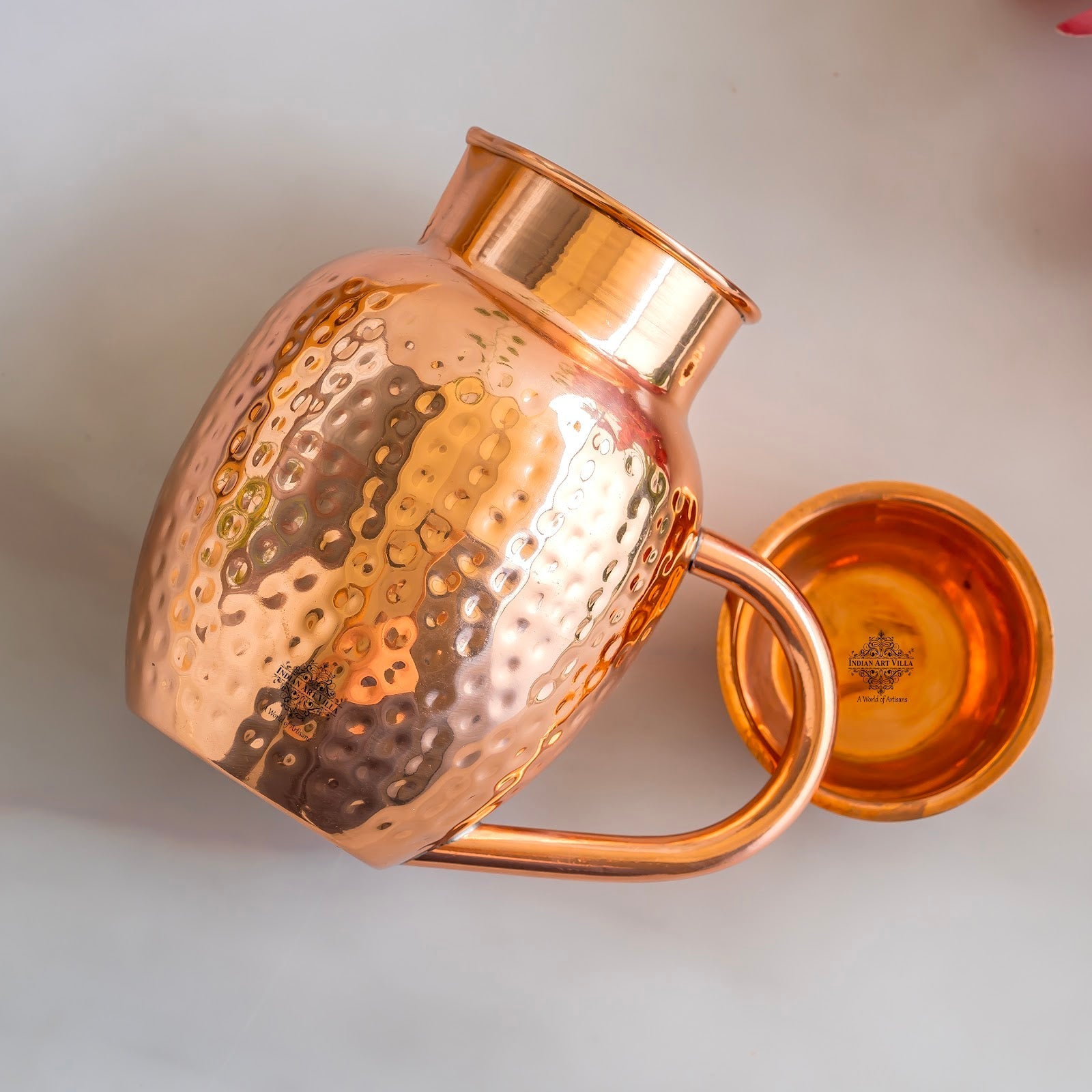 Pure Copper Hammered Surai Jug with Bowl Style Lid