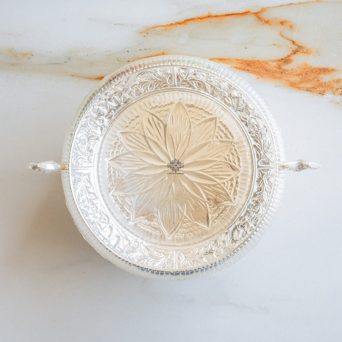 Silver Embossed Urli with Handles & Lotus Design for Home Décor - 1850 ML