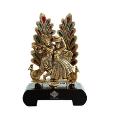 Brass Finish Colorfull Radha Krishna Murti with Wooden Base