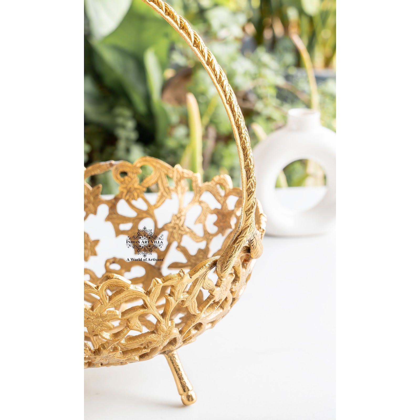 Brass Hanging Basket with Intricate Cutwork Design – Decorative Brass Finish Basket