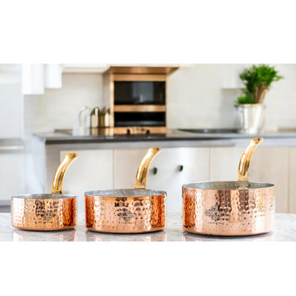 Pure Copper Hammered Tin Lining Round Sauce Pan Brass Stand