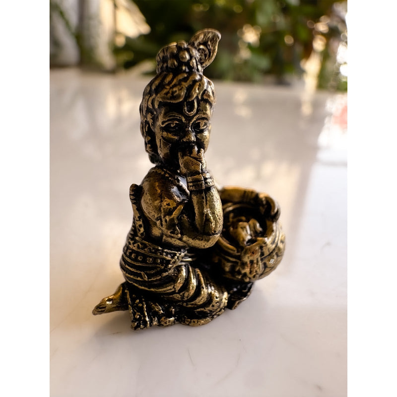 Pure Brass Miniature Bal Krishna Enjoying Makhan from a Pot Murti - 2.54cm