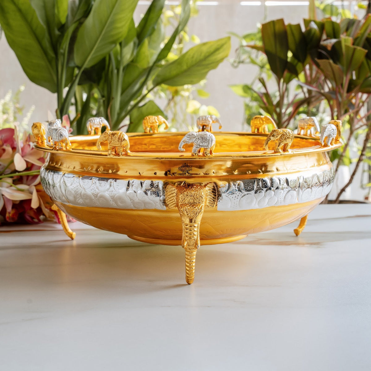 Gold and Sliver Two-Tone Brass Urli with Elephant Design Legs - 7400 ML