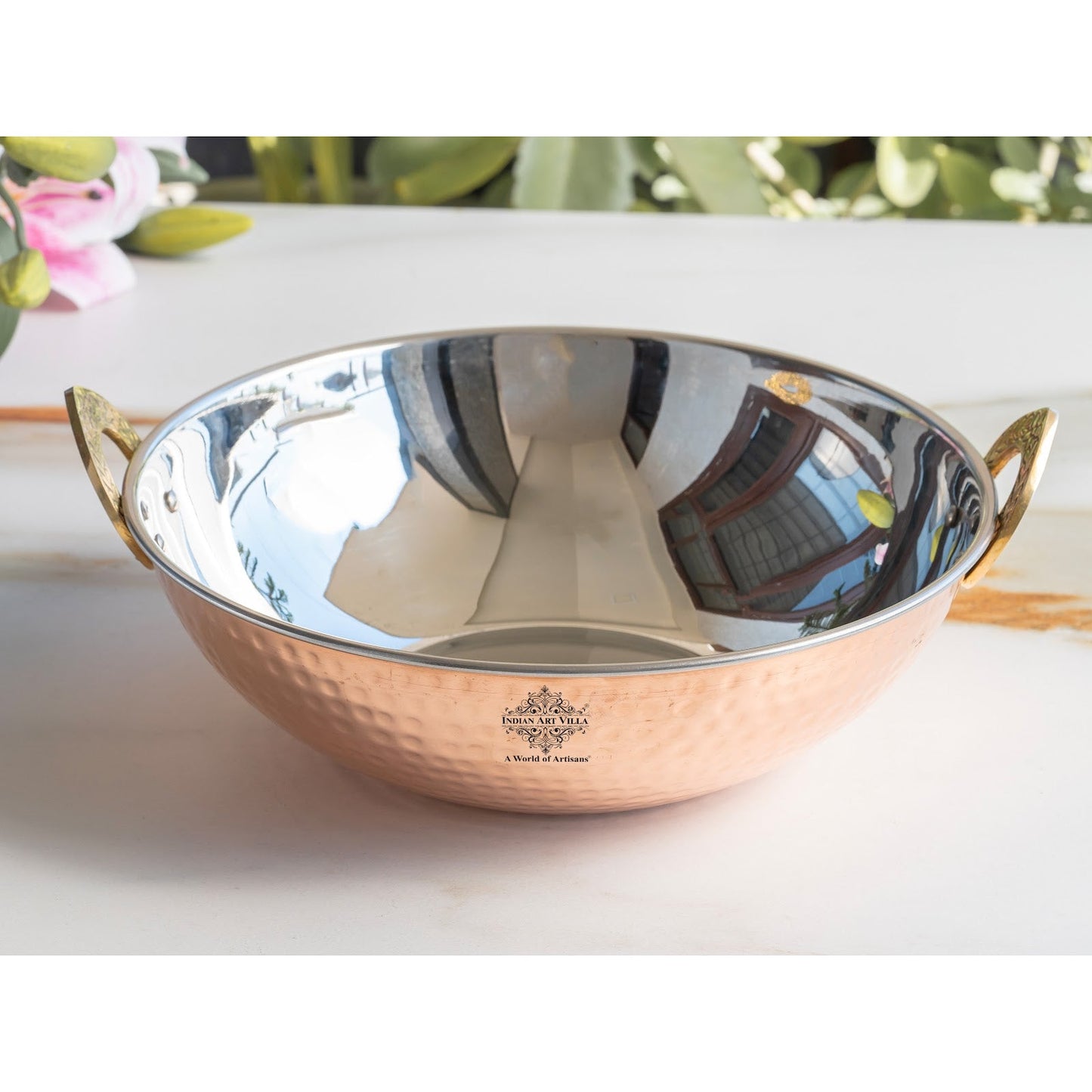 Steel Copper Hammered Design Kadhai - Elegant Serveware with Brass Handles, Traditional Indian Tableware for Dining, Special Occasions & Gifting