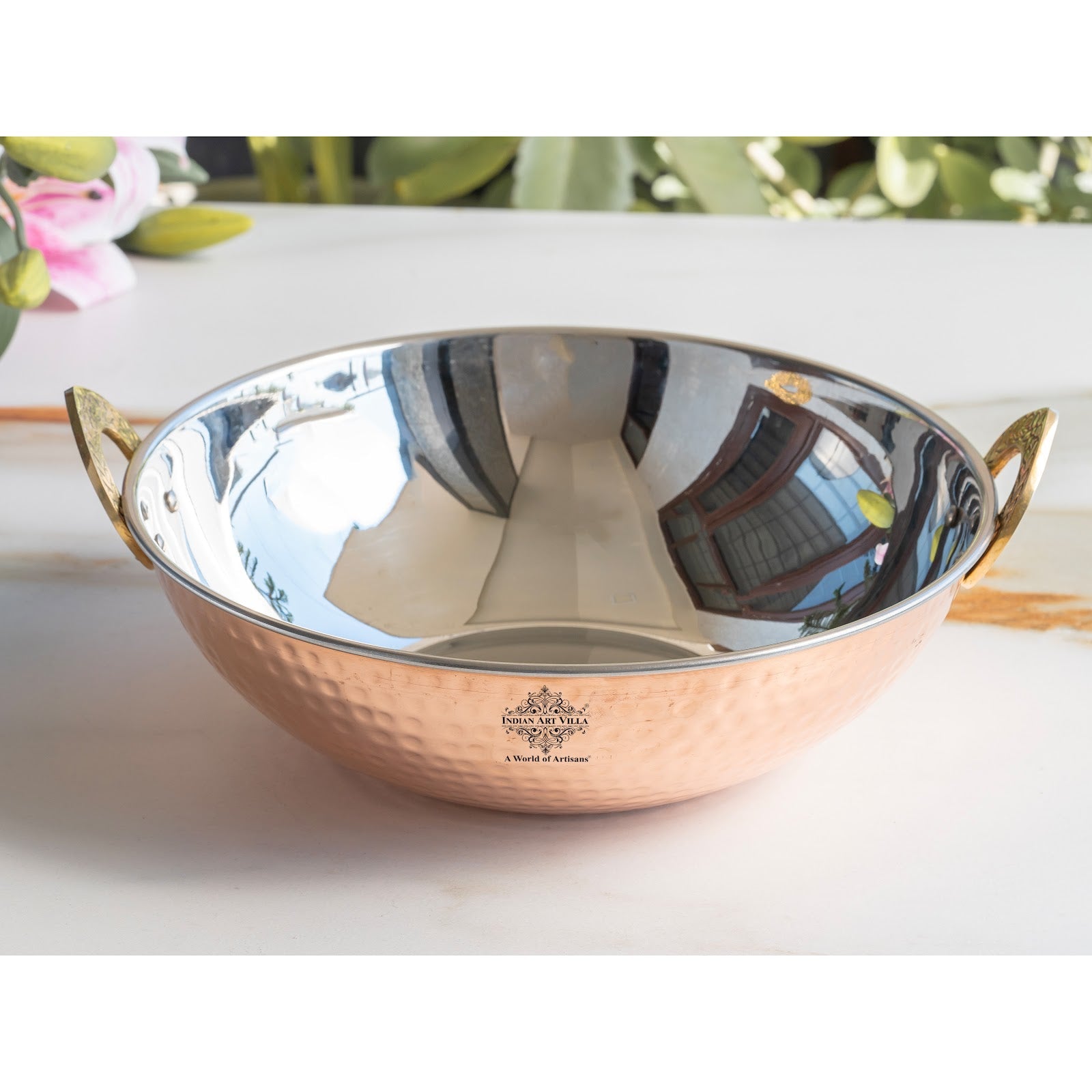 Steel Copper Hammered Design Kadhai - Elegant Serveware with Brass Handles, Traditional Indian Tableware for Dining, Special Occasions & Gifting