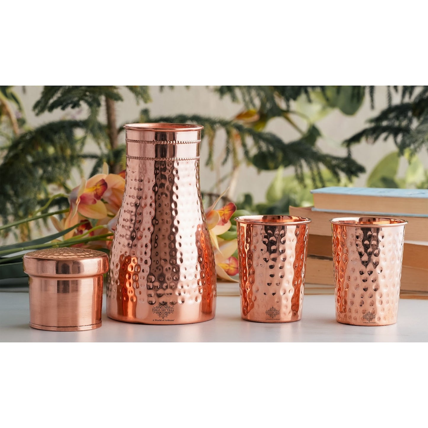 Pure Copper Drinkware Gift Set – Hammered Design, Water Bottle (900 ML) & 2 Glasses (275 ML) Set