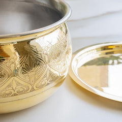 Brass Embossed Handi with Brass Lid & Knob, Tin Lined