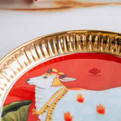 Brass Pooja Thali with Pichwai Cow Print - 17.78 CM