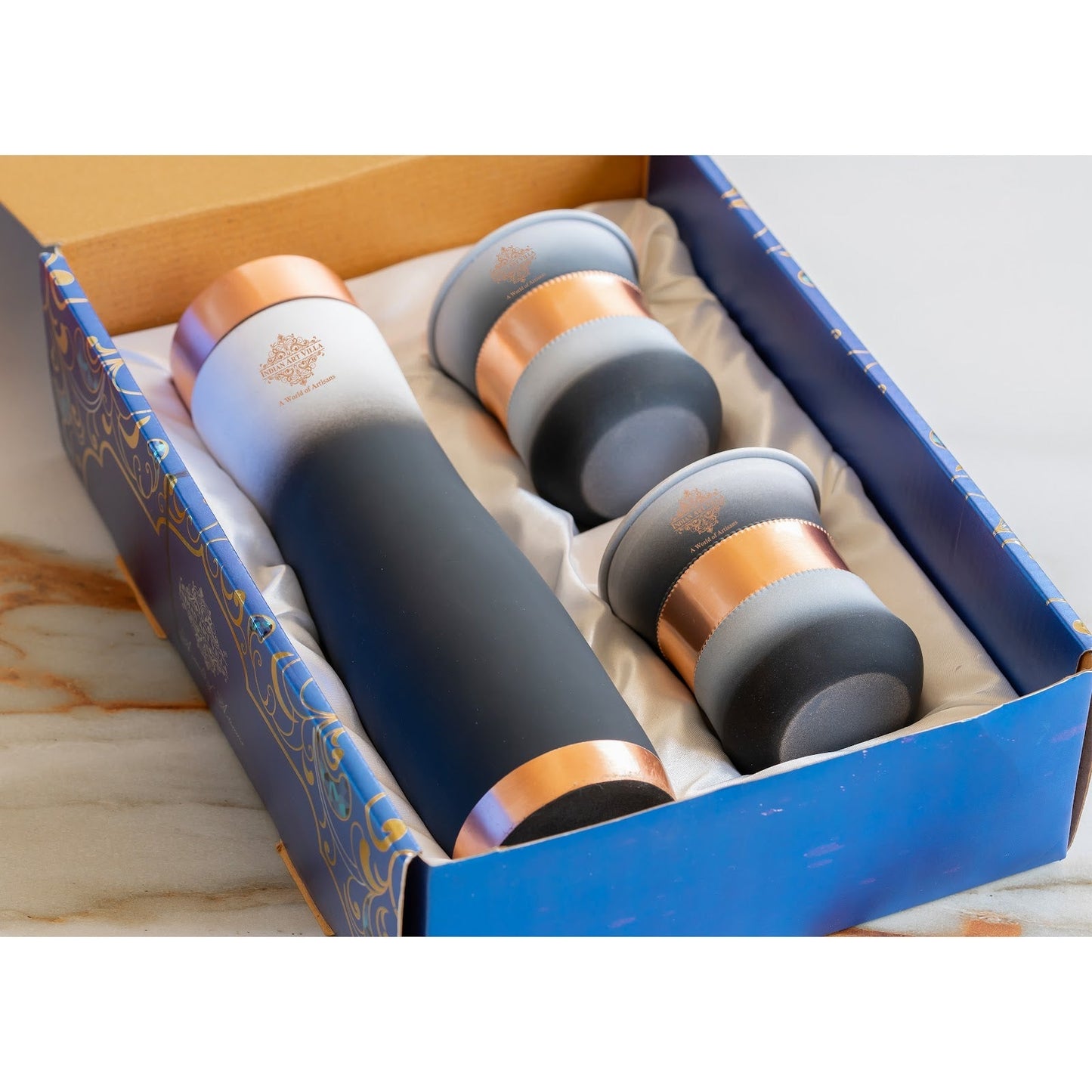 Matt Ombre Copper Bottle and Glass Set with Royal Look  Bottle-900 Ml, Glass-275Ml