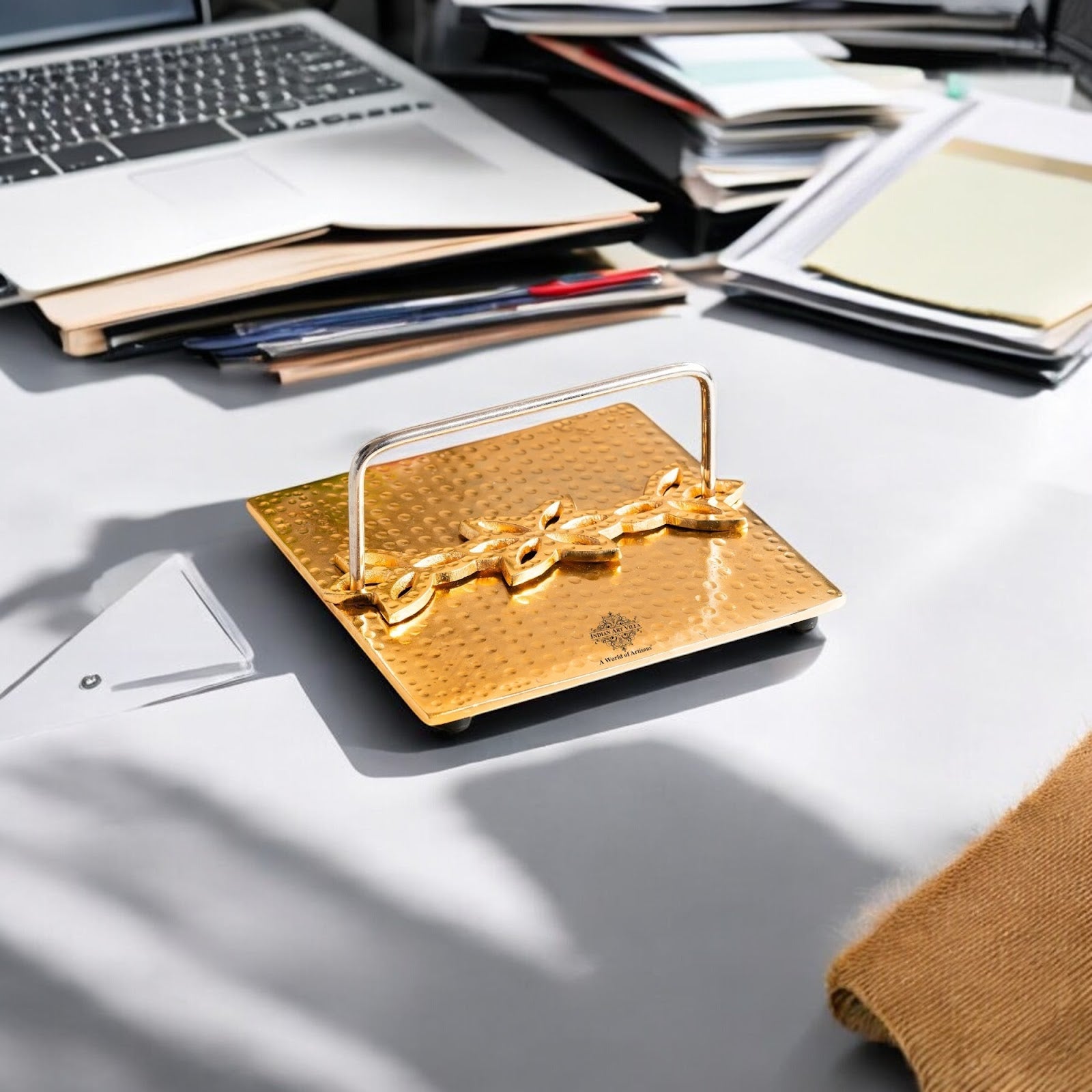 Brass Finish Hammered Napkin Holder with Floral Design - Elegant Table Accessory for Dining, Kitchen, Office, and Gifting