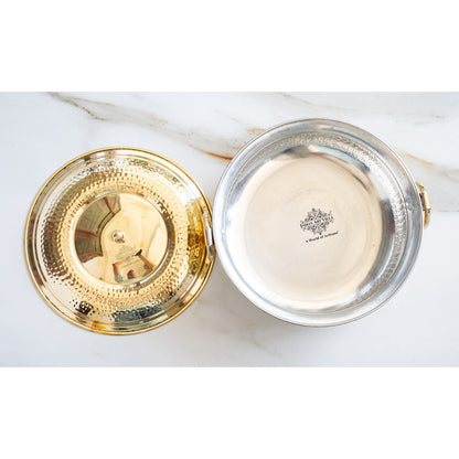 Brass Degchi With Hammered Design, Handle & Inside Tin Lining