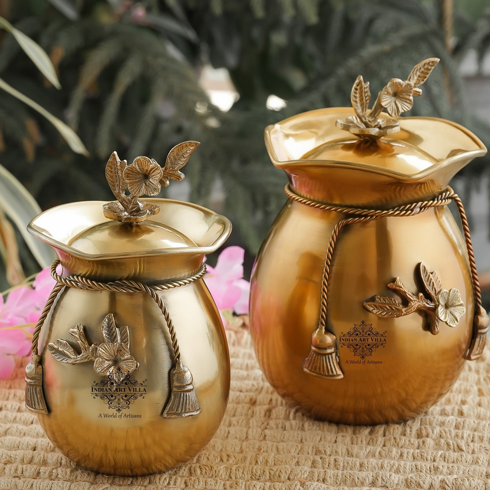 Brass Decorative Handi with Tie Design on Neck and Flower Design Lid
