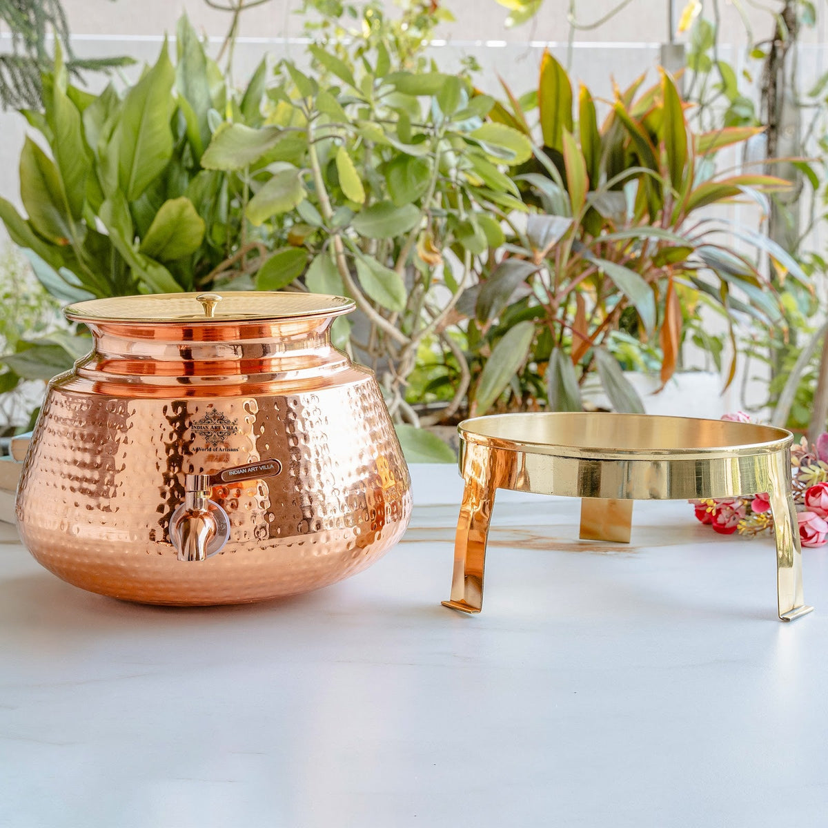 Pure Copper Water Dispenser Matka with Lid & Stand | Hammered Design 6500 ML