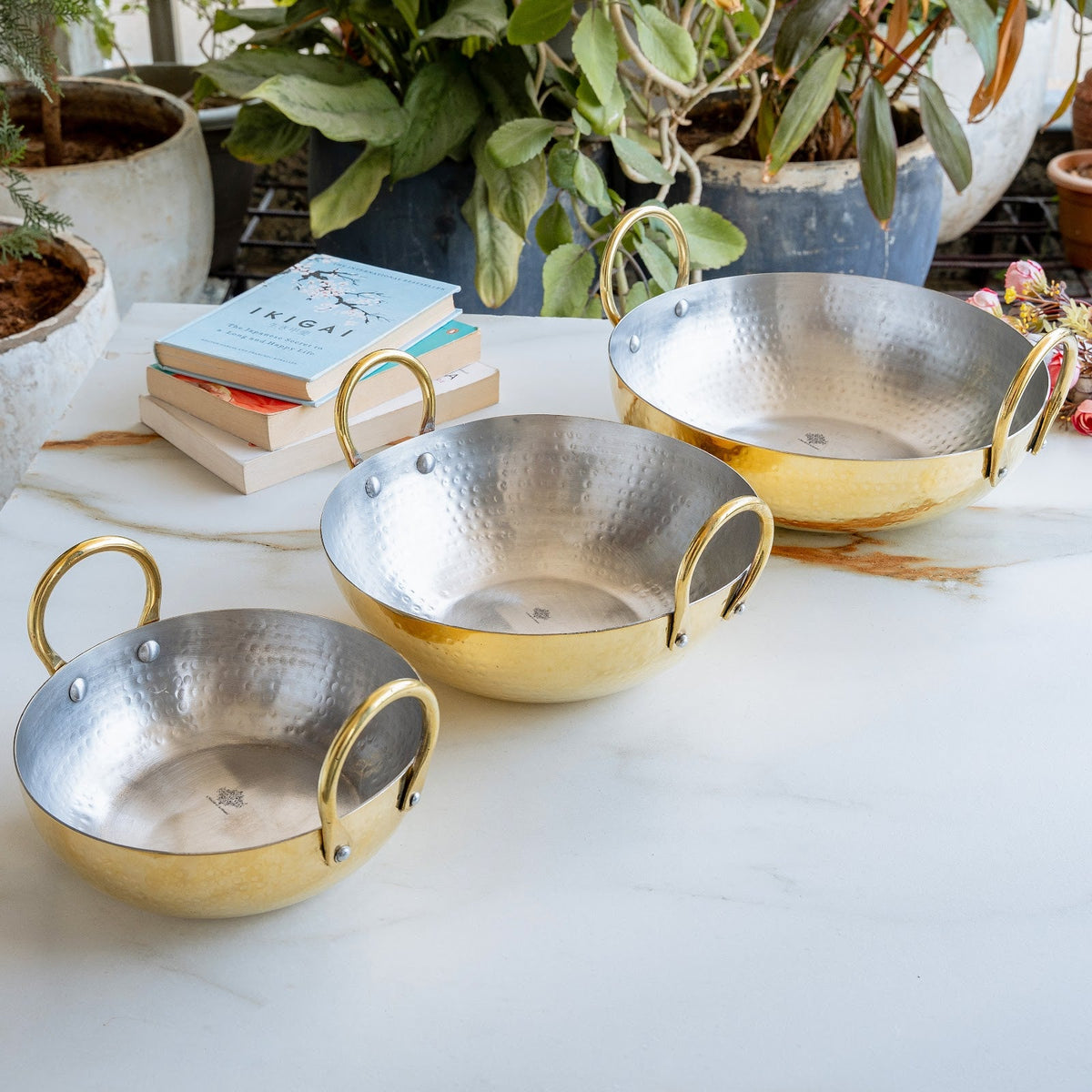 Brass Kadhai With Hammered Design, Tin Lining & Brass Handles