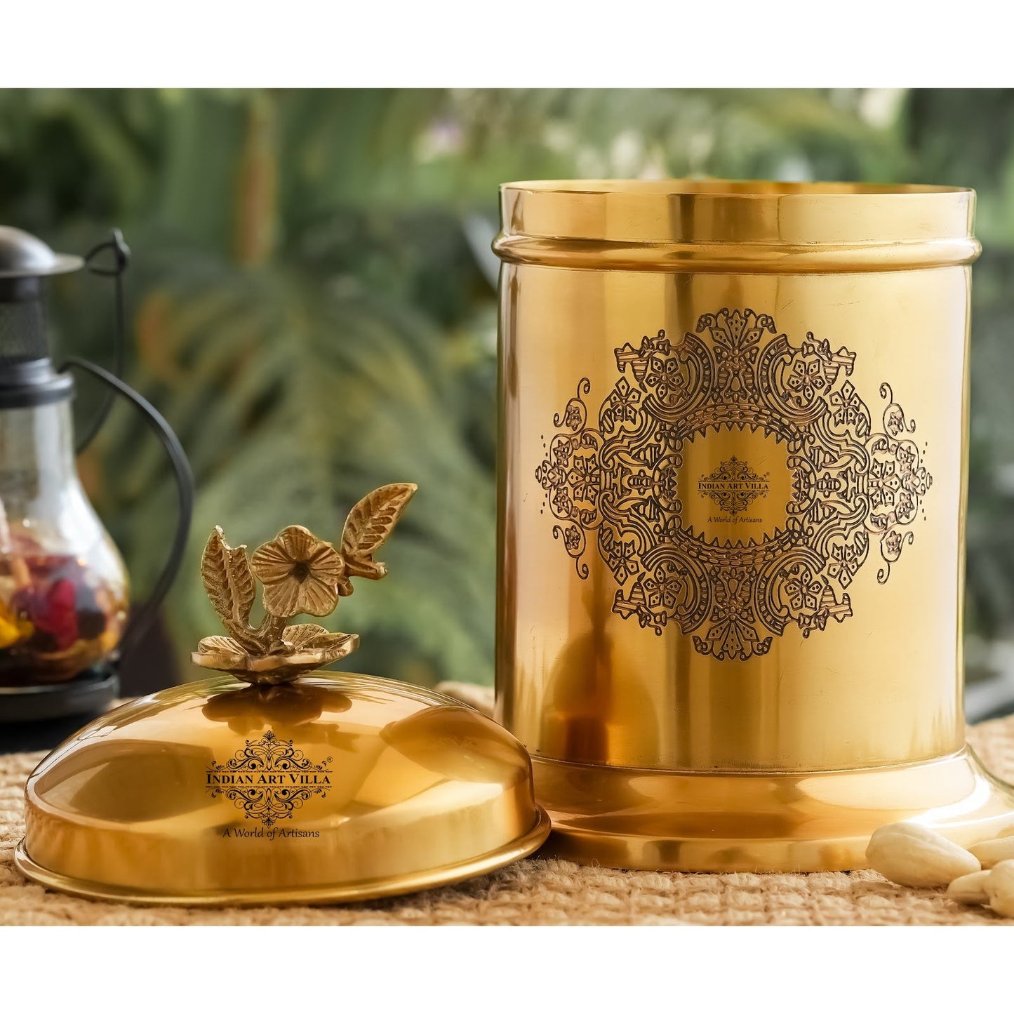 Brass Embossed Dign Jar with leaf knob on lid, Brass Decorative Storage Box